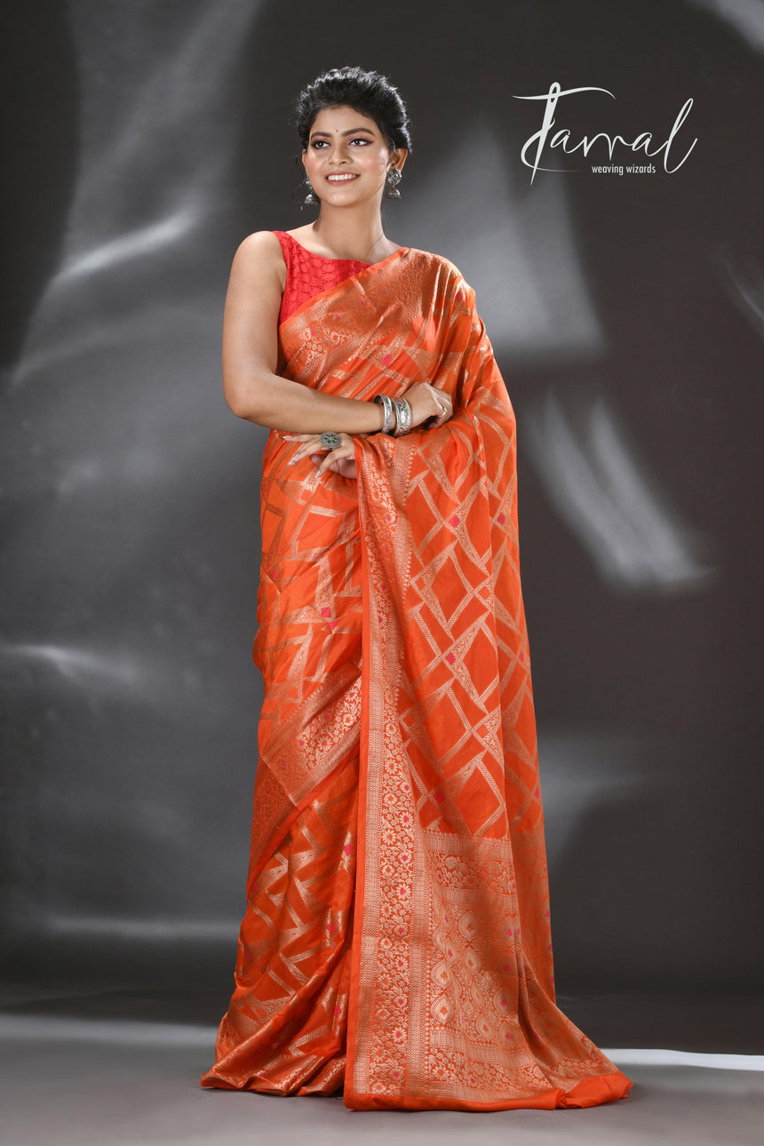 Orange with golden zari banarasi silk saree - Tamal Boutique