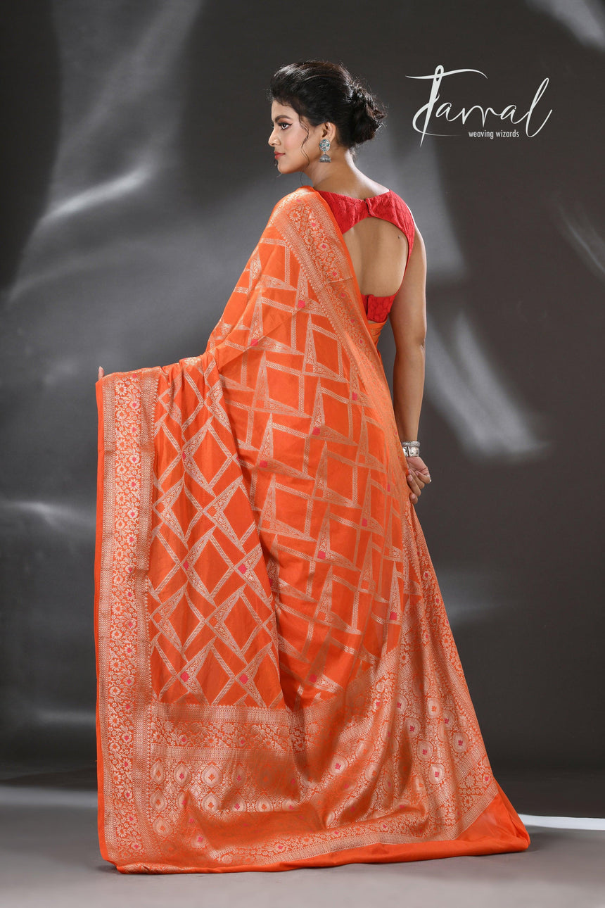 Orange with golden zari banarasi silk saree - Tamal Boutique