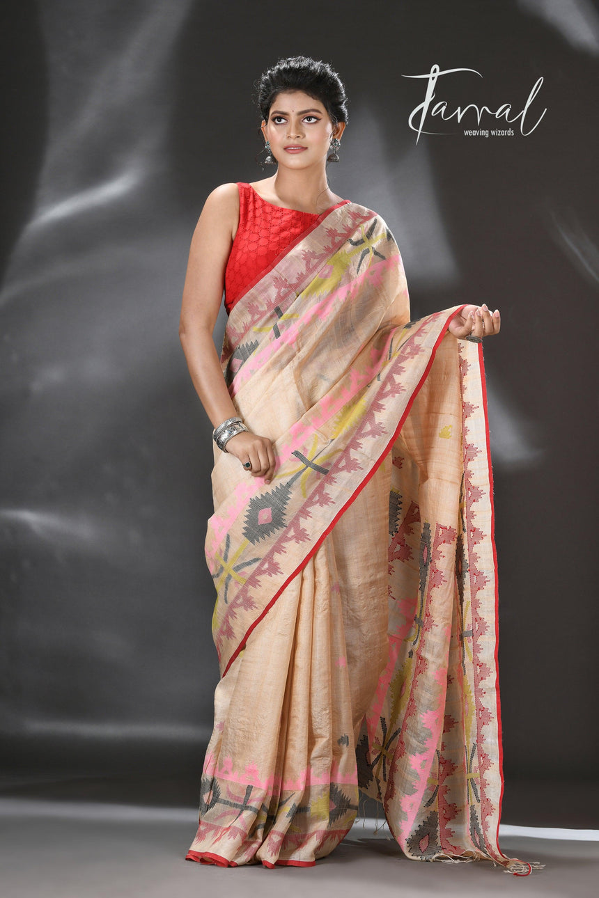 Beige with red border and Multicolor dhakai jamdani tussar silk handwoven jamdani saree - Tamal Boutique