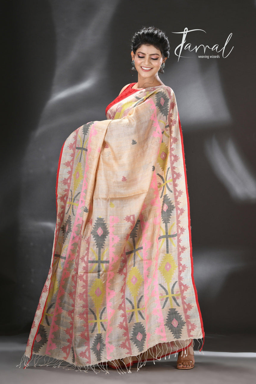 Beige with red border and Multicolor dhakai jamdani tussar silk handwoven jamdani saree - Tamal Boutique