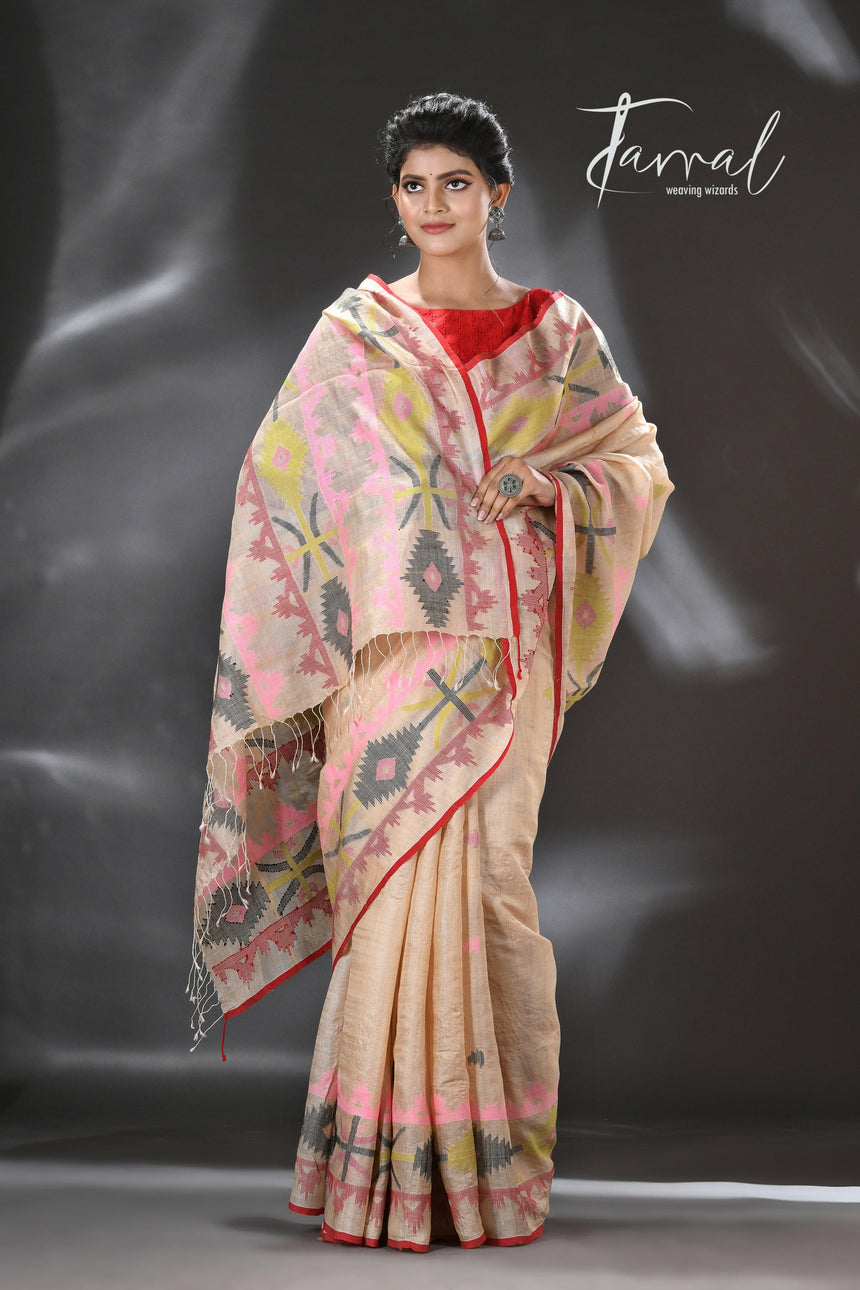 Beige with red border and Multicolor dhakai jamdani tussar silk handwoven jamdani saree - Tamal Boutique
