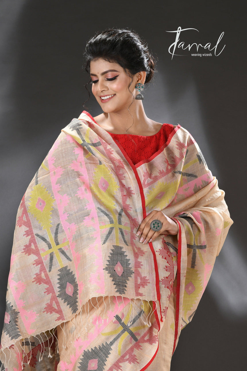 Beige with red border and Multicolor dhakai jamdani tussar silk handwoven jamdani saree - Tamal Boutique