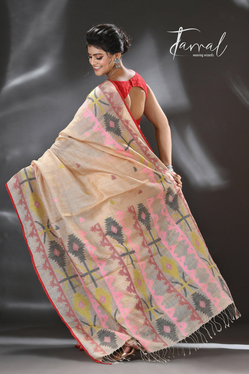 Beige with red border and Multicolor dhakai jamdani tussar silk handwoven jamdani saree - Tamal Boutique