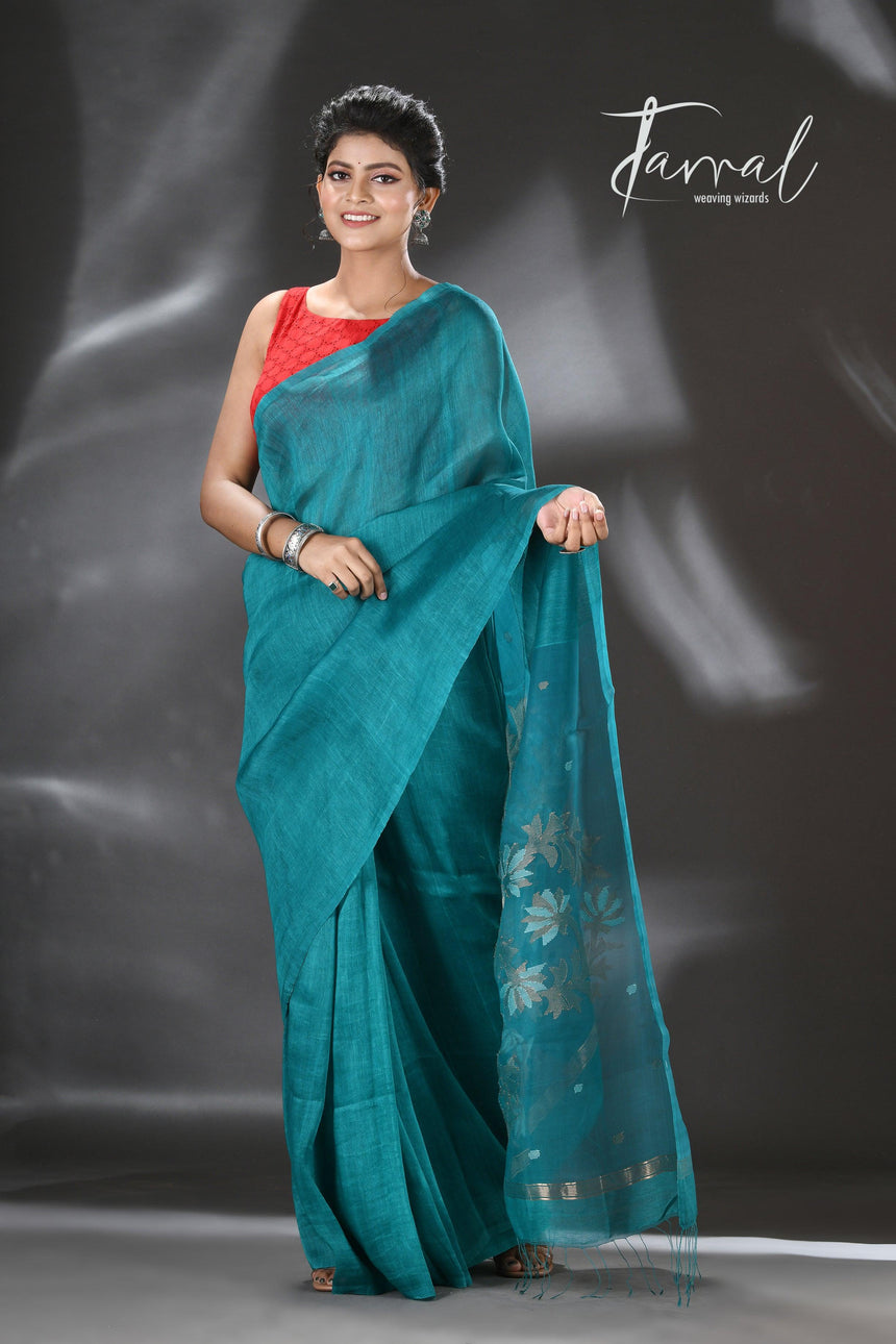 Tel blue silk linen thoka floral pallu handwoven jamdani saree - Tamal Boutique