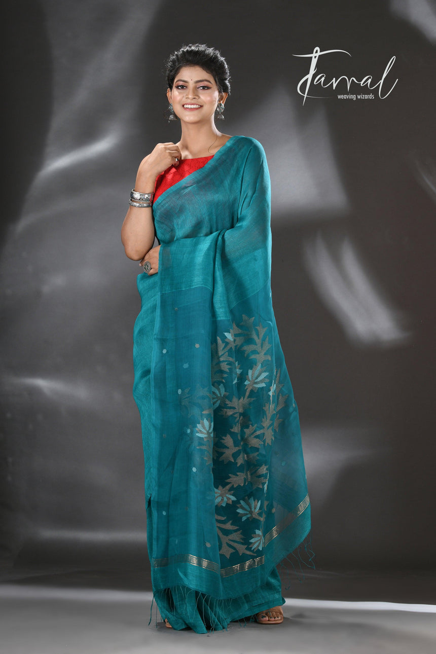 Tel blue silk linen thoka floral pallu handwoven jamdani saree - Tamal Boutique