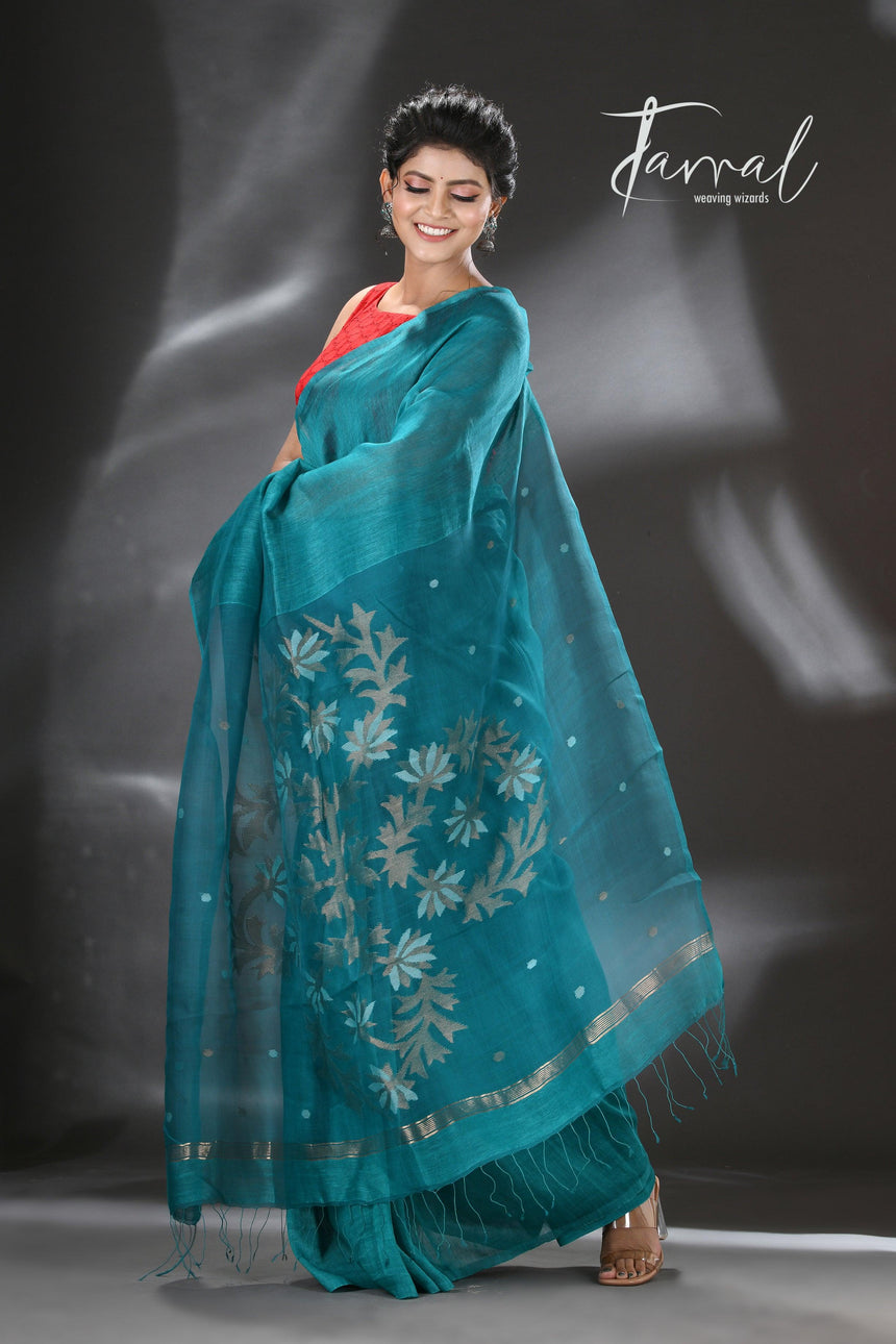 Tel blue silk linen thoka floral pallu handwoven jamdani saree - Tamal Boutique