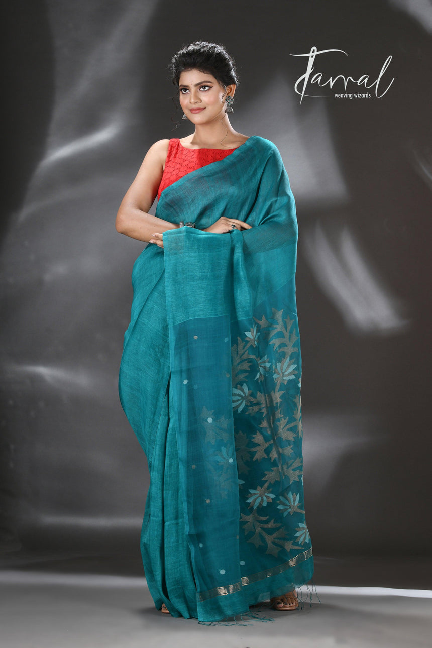 Tel blue silk linen thoka floral pallu handwoven jamdani saree - Tamal Boutique