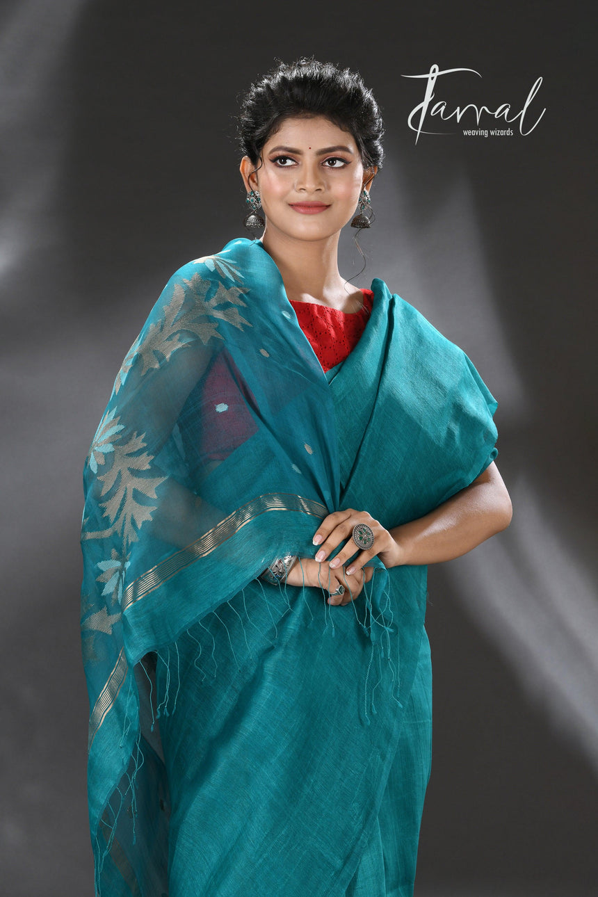 Tel blue silk linen thoka floral pallu handwoven jamdani saree - Tamal Boutique