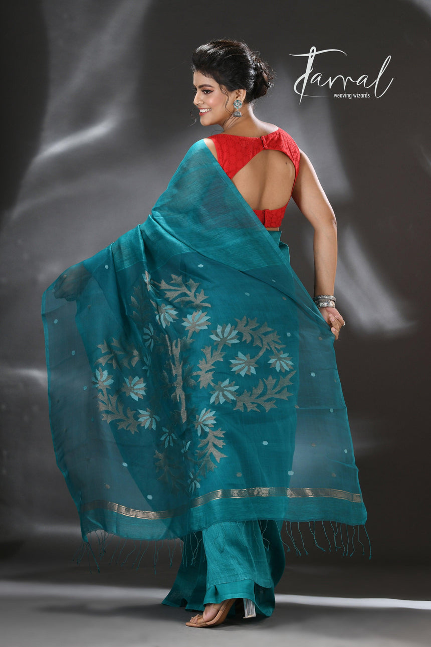 Tel blue silk linen thoka floral pallu handwoven jamdani saree - Tamal Boutique