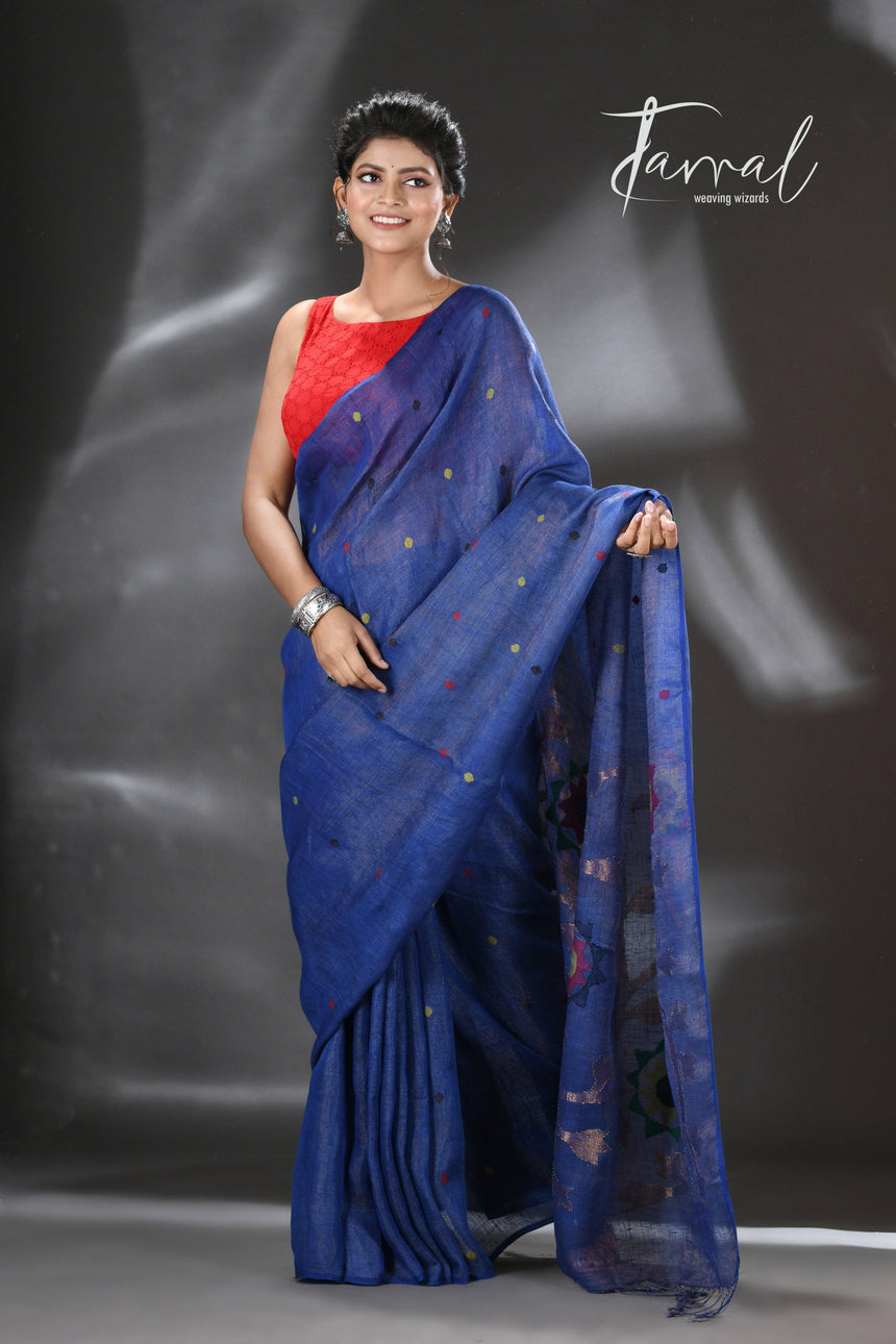 Blue with multicolour pure linen handwoven jamdani saree - Tamal Boutique