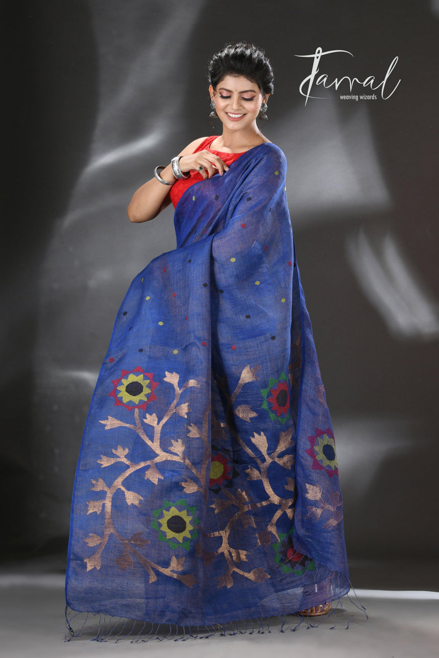 Blue with multicolour pure linen handwoven jamdani saree - Tamal Boutique