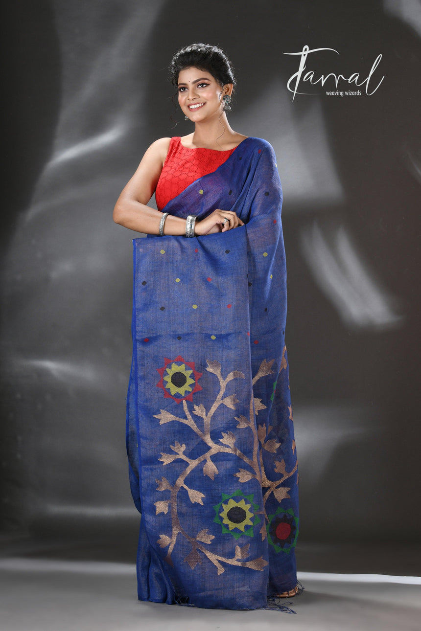 Blue with multicolour pure linen handwoven jamdani saree - Tamal Boutique