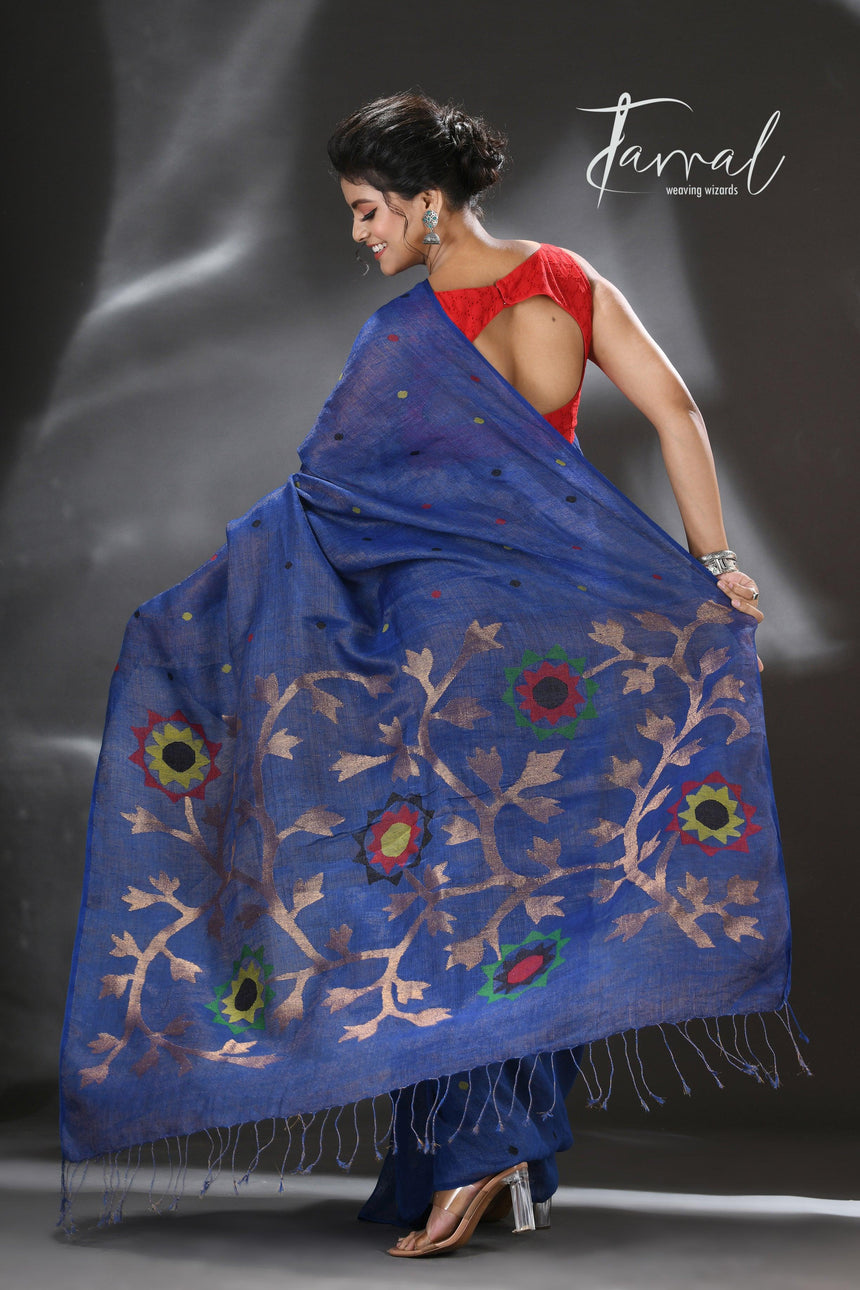 Blue with multicolour pure linen handwoven jamdani saree - Tamal Boutique