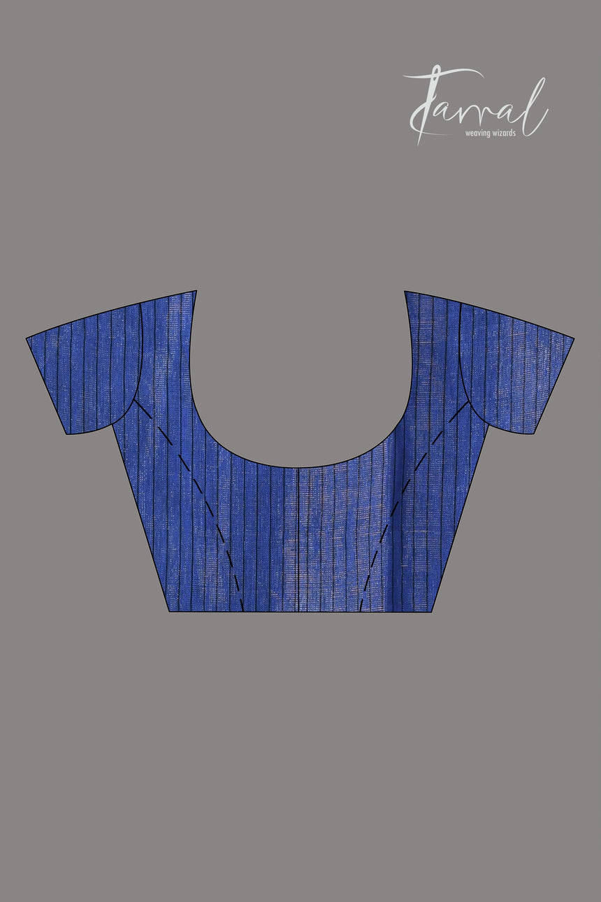 Blue with multicolour pure linen handwoven jamdani saree - Tamal Boutique