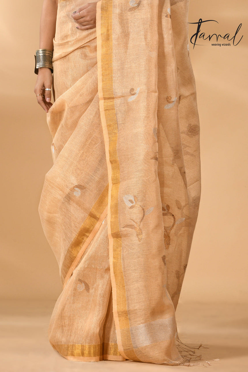 Golden buds tissue linen handwoven jamdani saree - Tamal Boutique