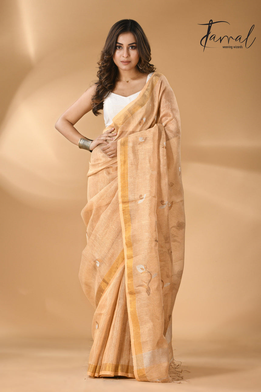 Golden buds tissue linen handwoven jamdani saree - Tamal Boutique