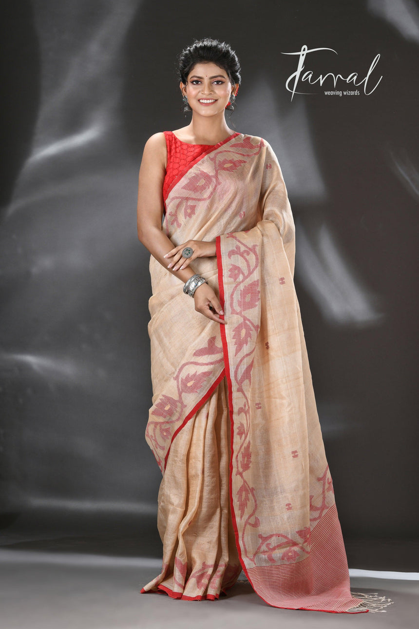 Light muga with red colour floral lata handwoven tussar silk jamdani saree - Tamal Boutique