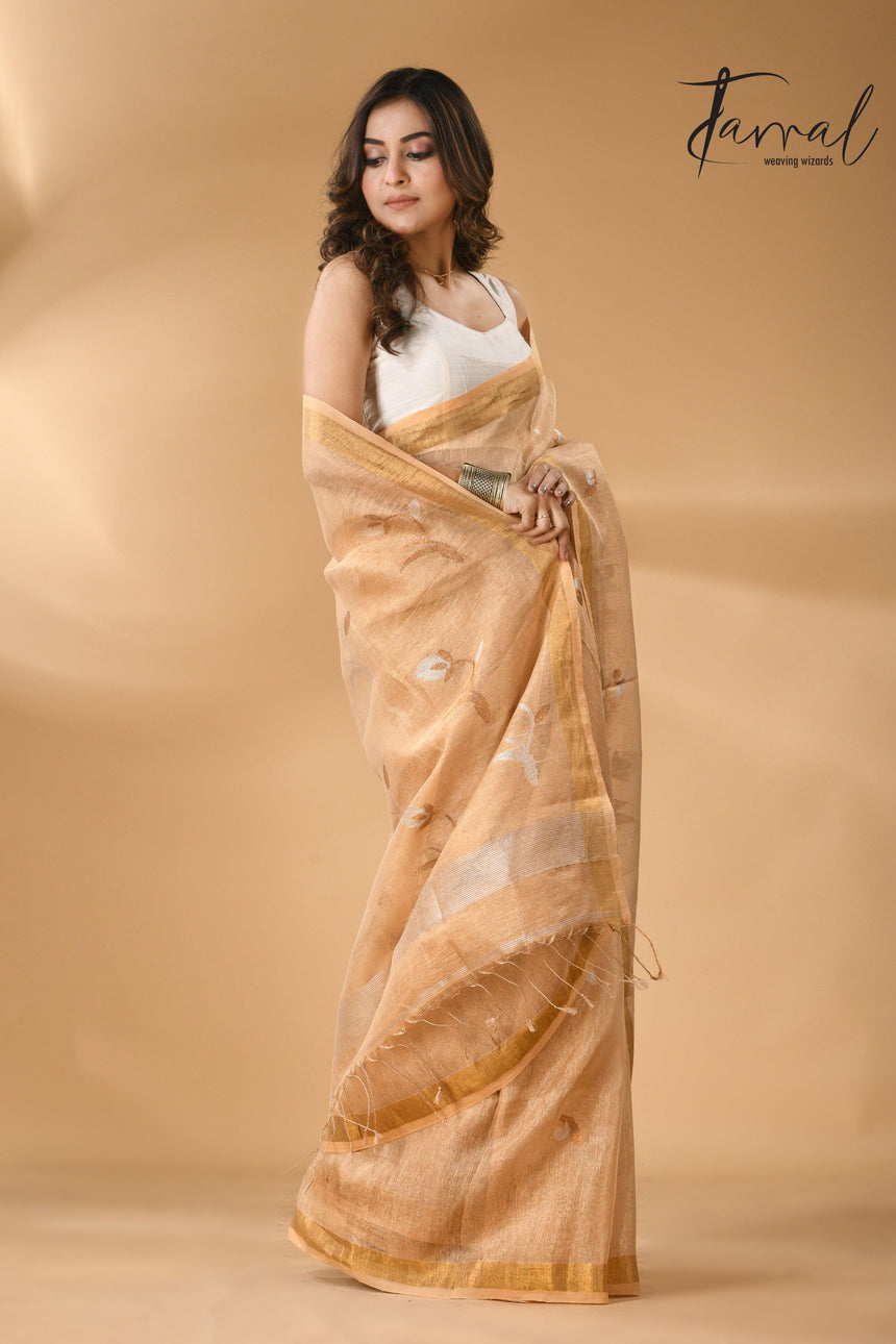 Golden buds tissue linen handwoven jamdani saree - Tamal Boutique