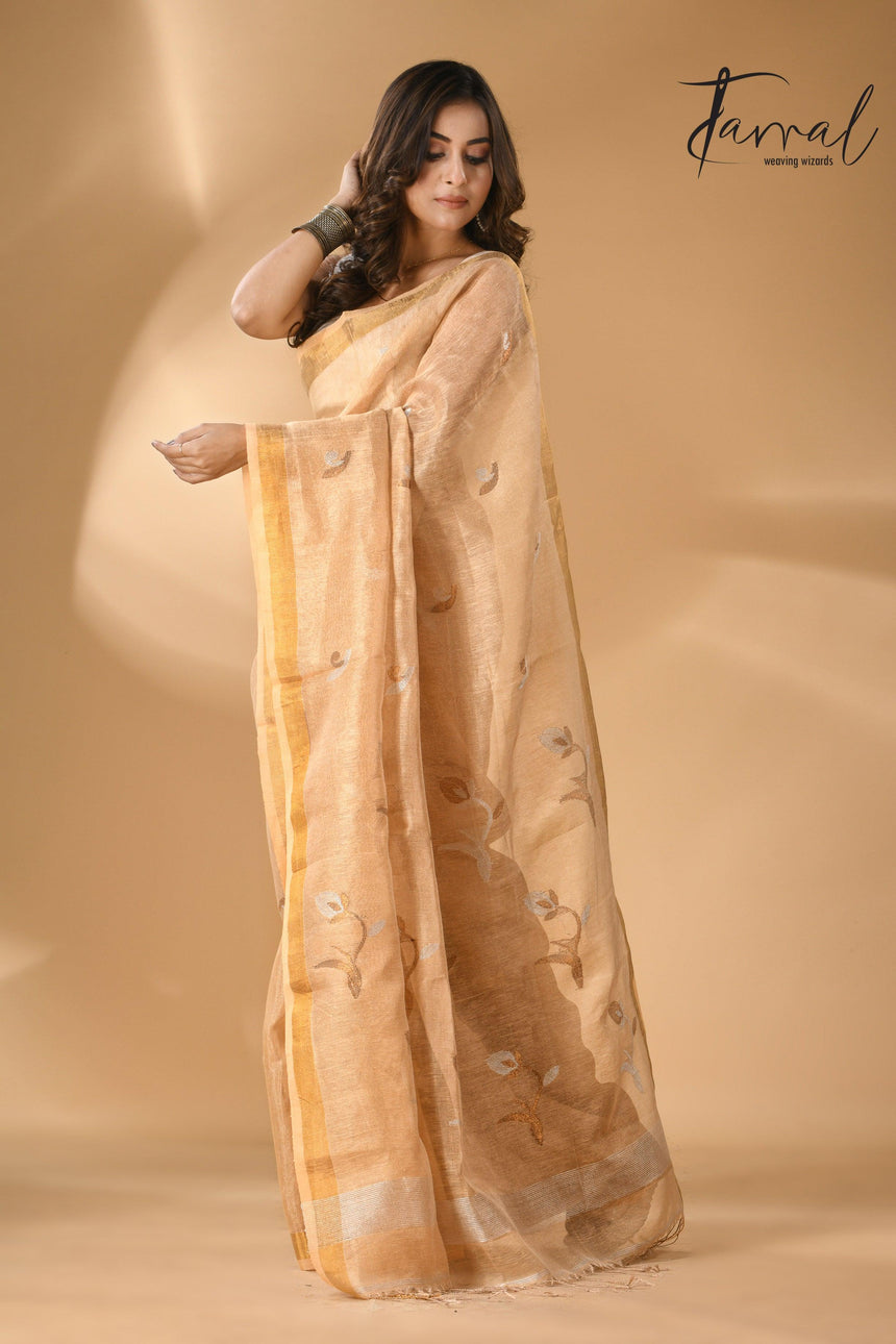 Golden buds tissue linen handwoven jamdani saree - Tamal Boutique