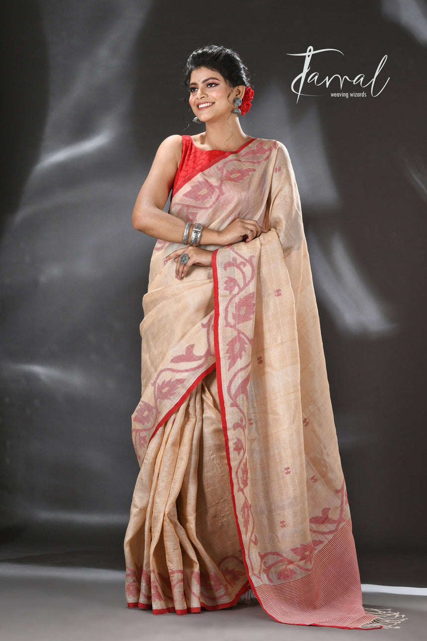 Light muga with red colour floral lata handwoven tussar silk jamdani saree - Tamal Boutique