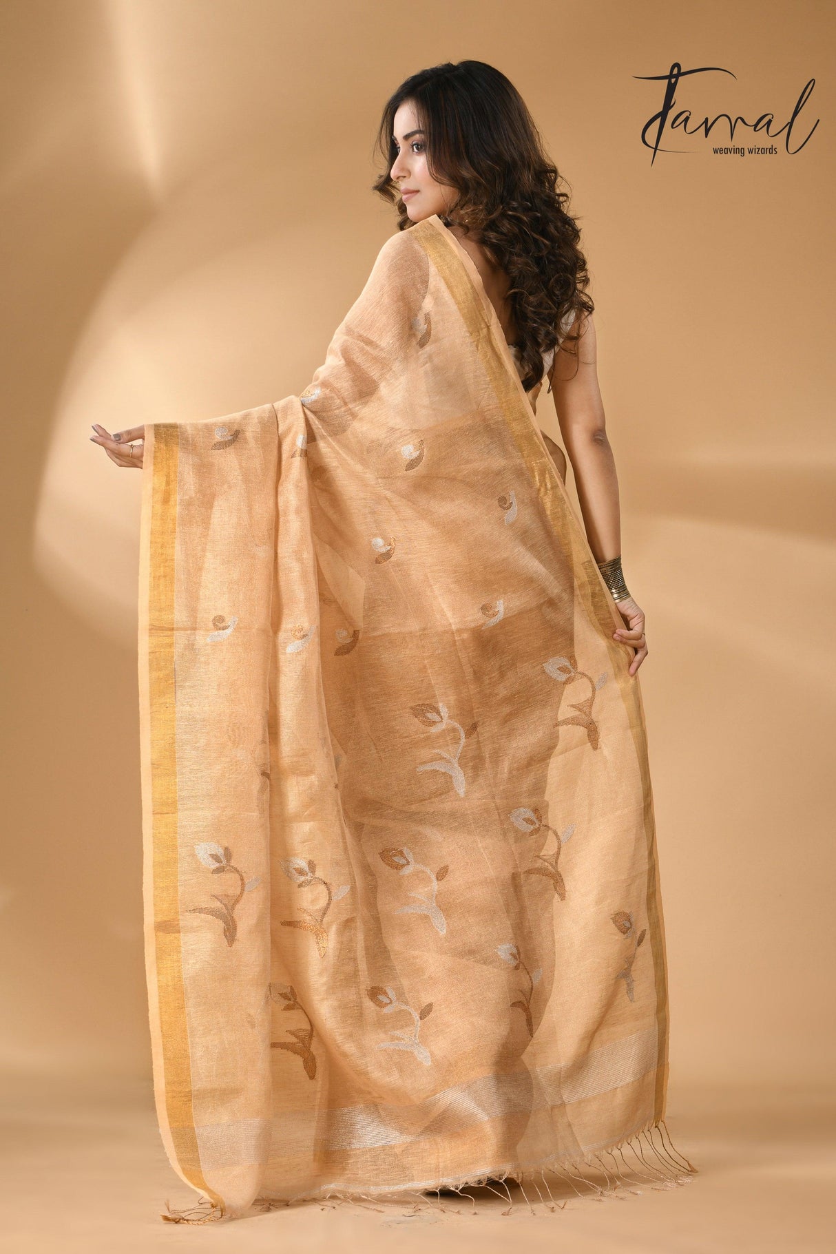 Golden buds tissue linen handwoven jamdani saree - Tamal Boutique