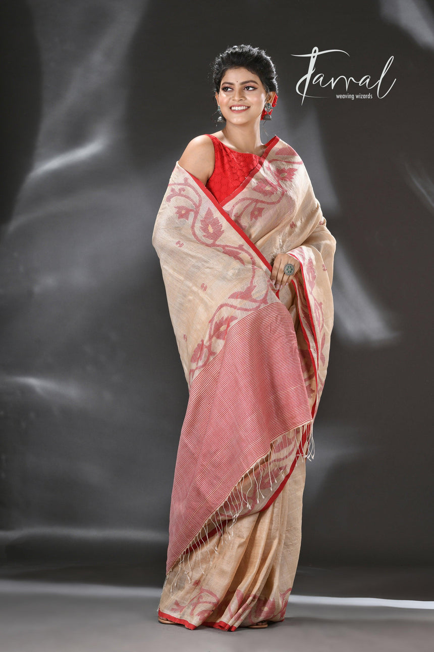 Light muga with red colour floral lata handwoven tussar silk jamdani saree - Tamal Boutique