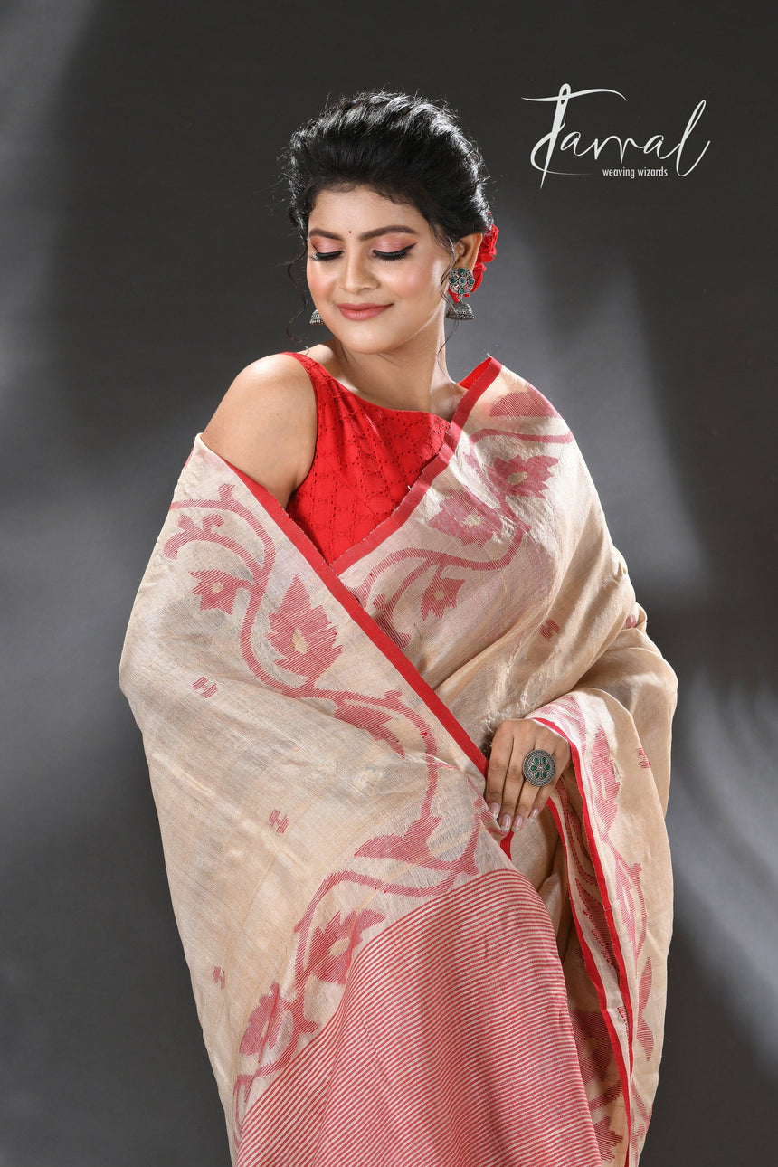 Light muga with red colour floral lata handwoven tussar silk jamdani saree - Tamal Boutique