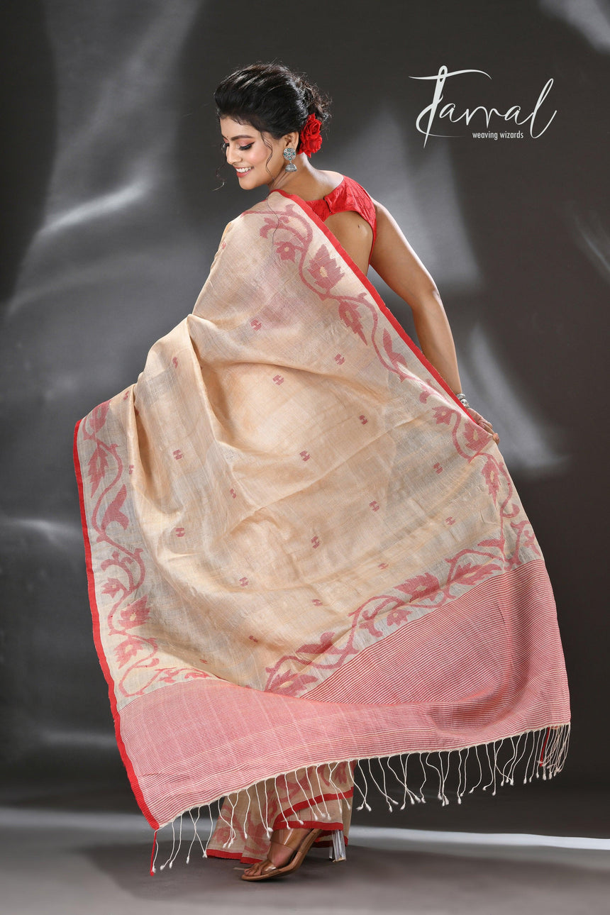 Light muga with red colour floral lata handwoven tussar silk jamdani saree - Tamal Boutique
