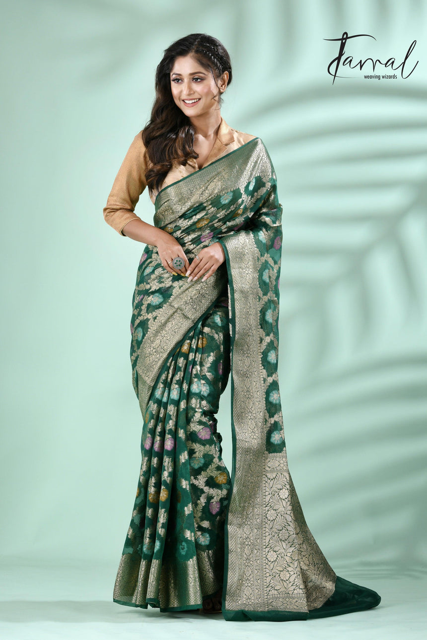 Bottle green with antic silver zari allover jal design banarasi silk saree - Tamal Boutique