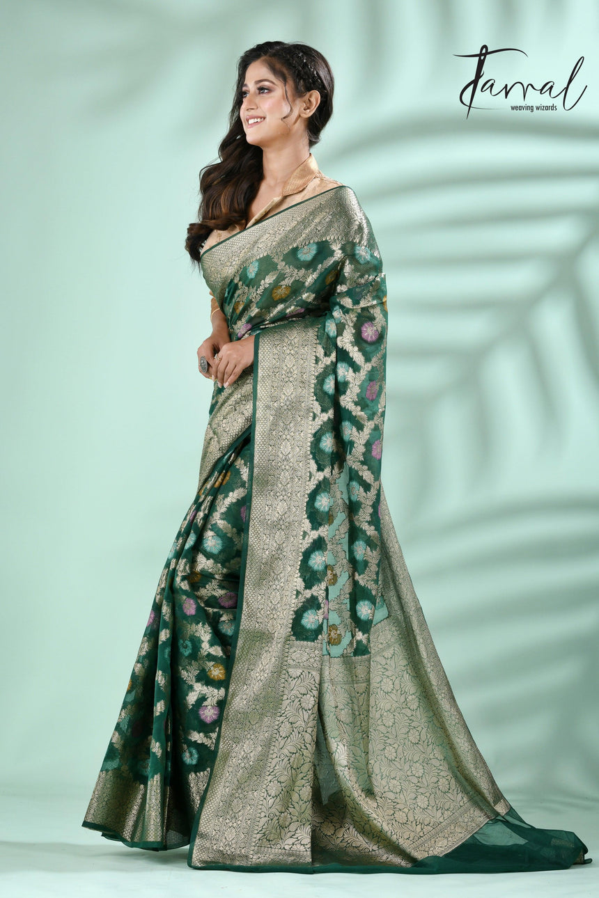 Bottle green with antic silver zari allover jal design banarasi silk saree - Tamal Boutique