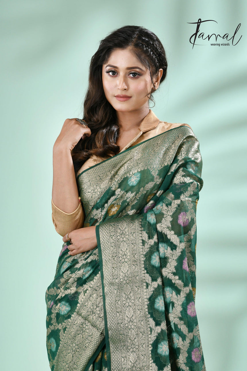 Bottle green with antic silver zari allover jal design banarasi silk saree - Tamal Boutique