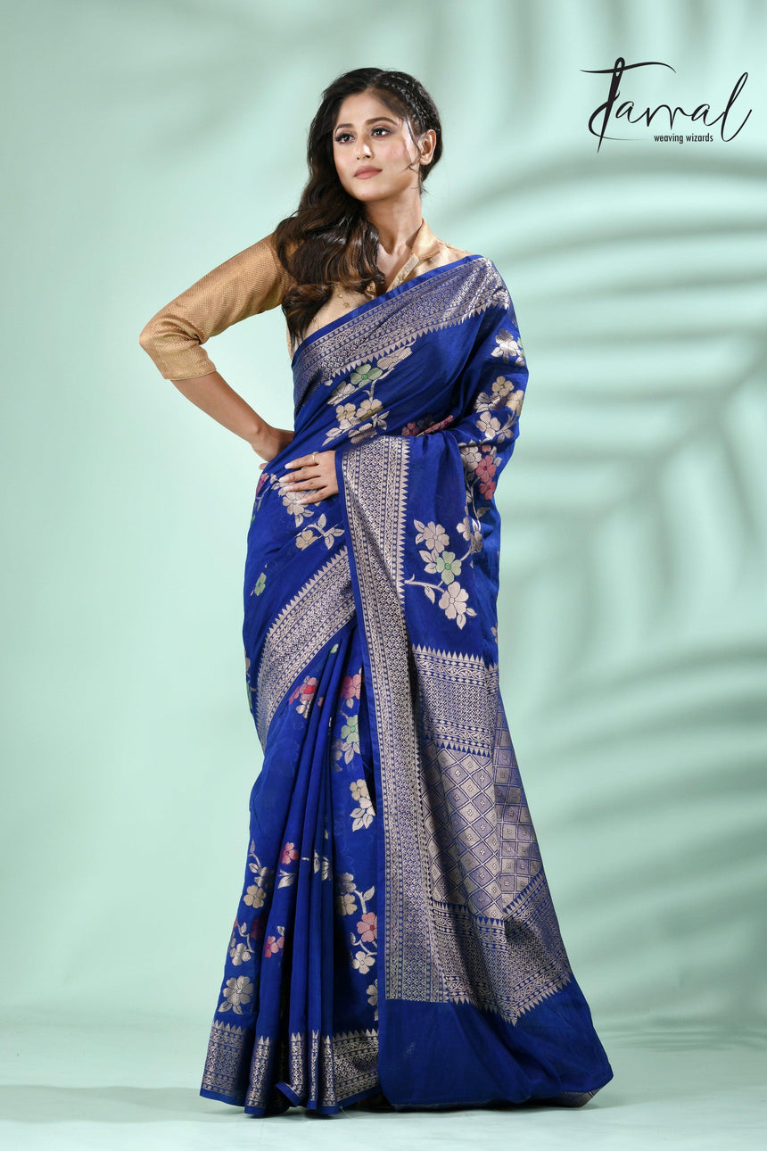 Royal blue with silver zari Banarasi silk saree - Tamal Boutique