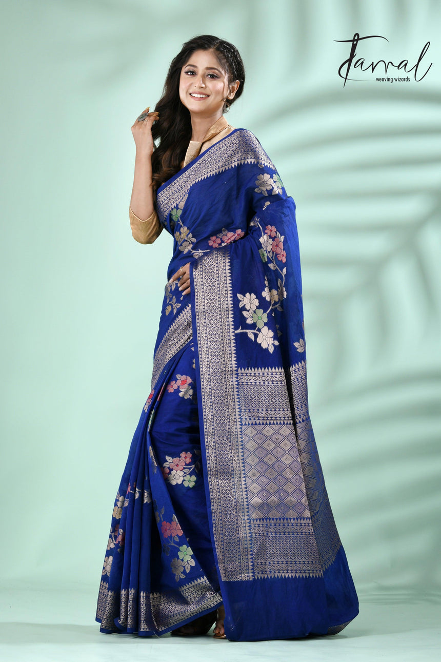 Royal blue with silver zari Banarasi silk saree - Tamal Boutique