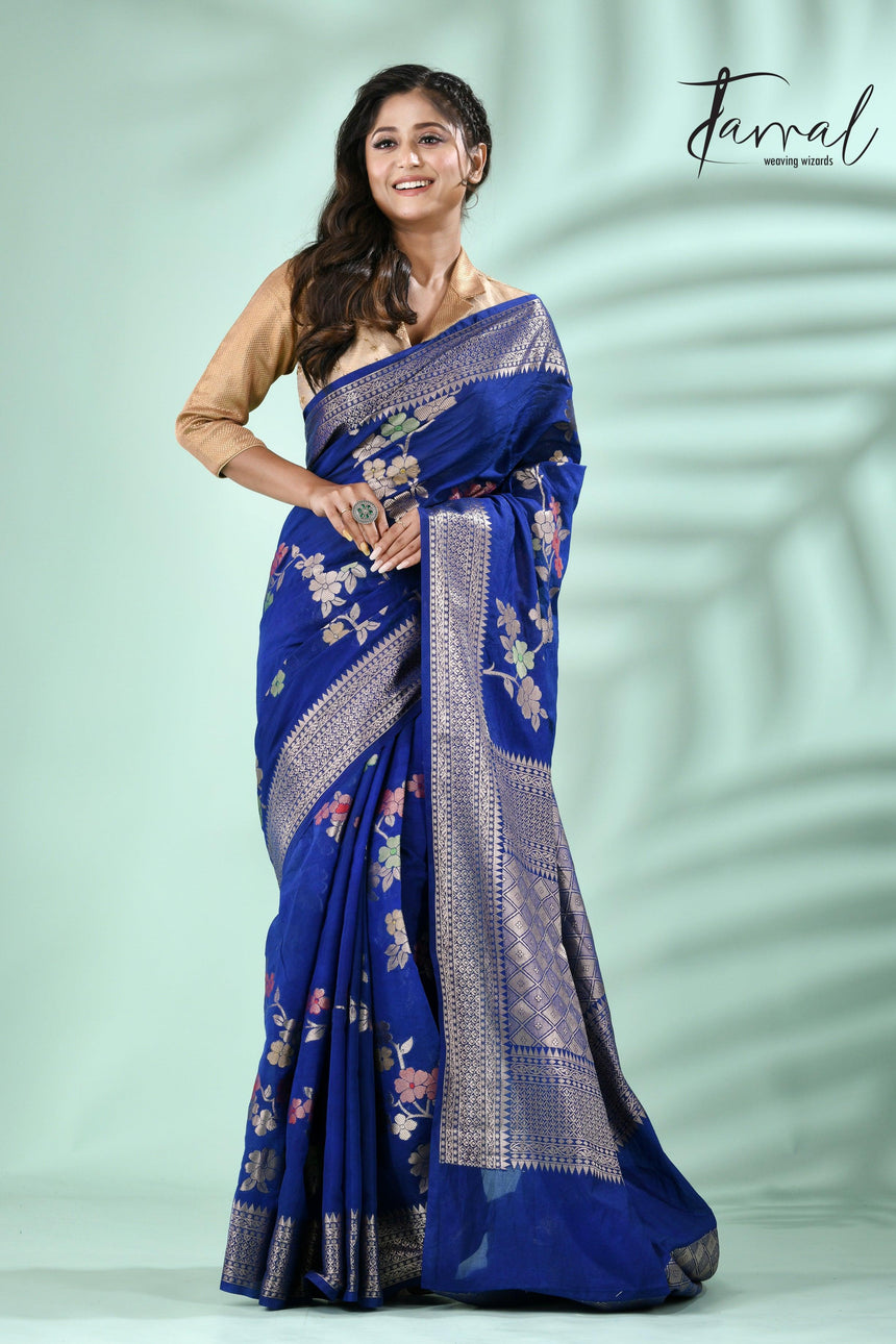 Royal blue with silver zari Banarasi silk saree - Tamal Boutique