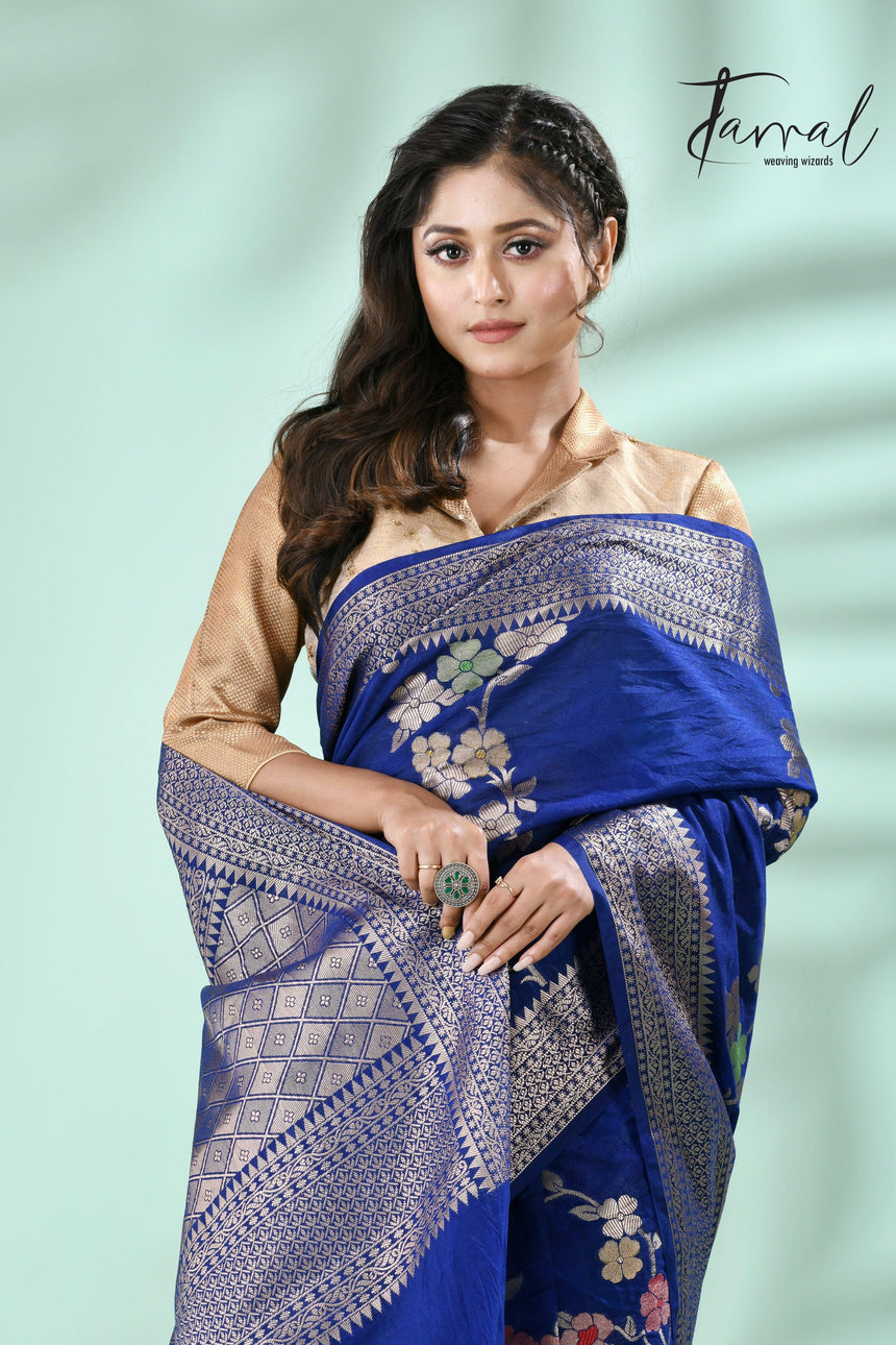 Royal blue with silver zari Banarasi silk saree - Tamal Boutique