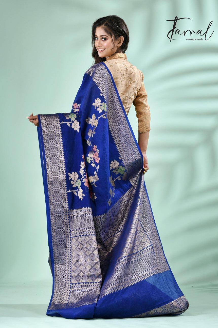 Royal blue with silver zari Banarasi silk saree - Tamal Boutique