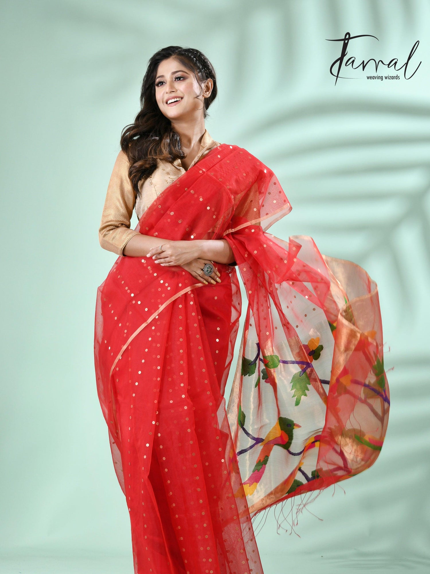 Red Parrot Organza silk paithani sequins saree - Tamal Boutique