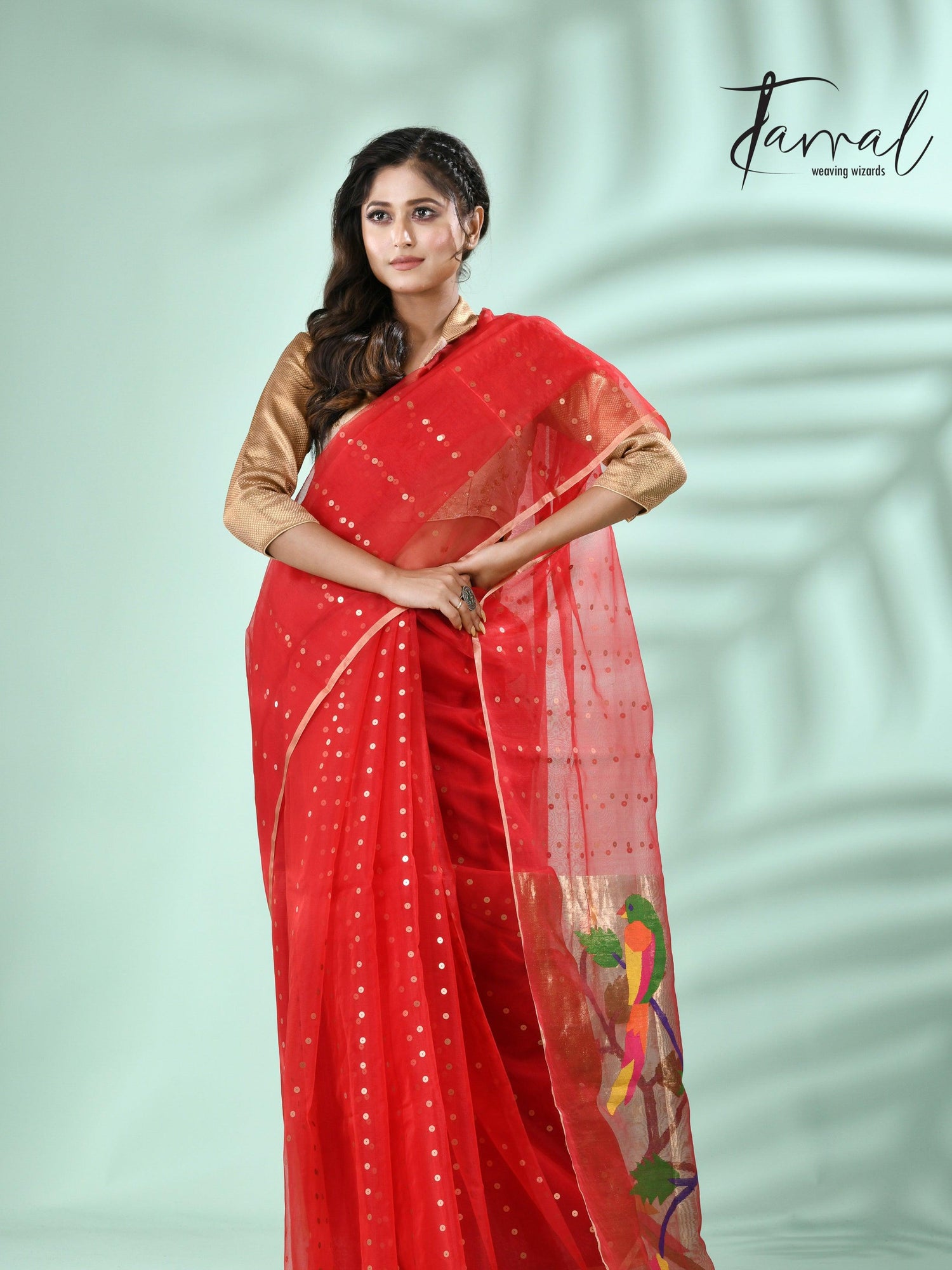 Red Parrot Organza silk paithani sequins saree - Tamal Boutique