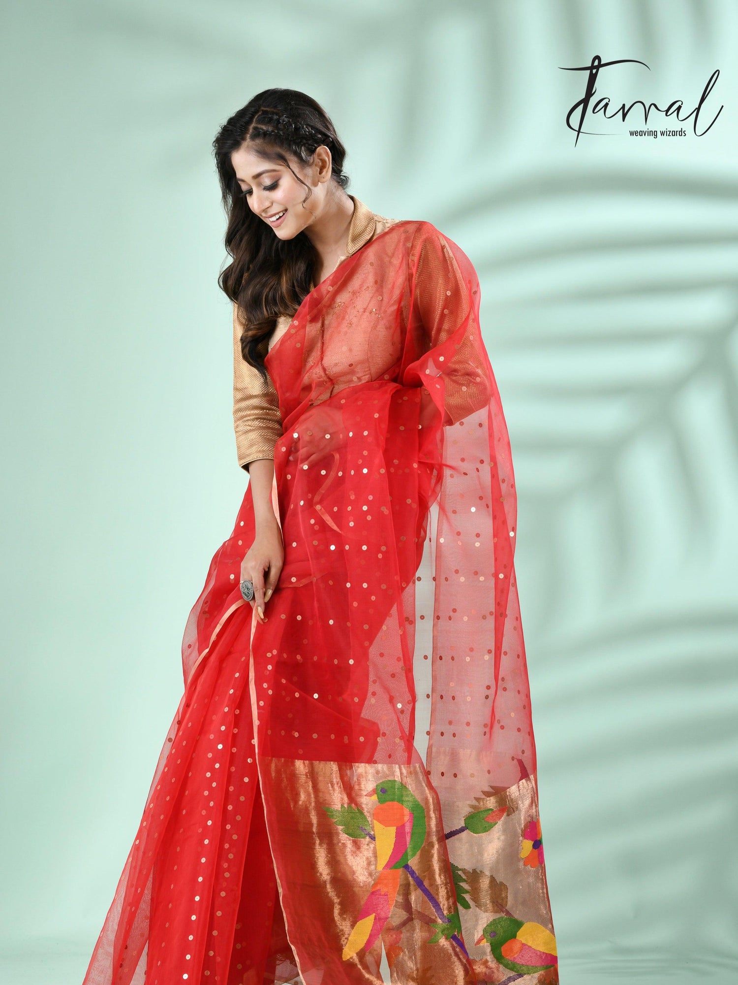 Red Parrot Organza silk paithani sequins saree - Tamal Boutique