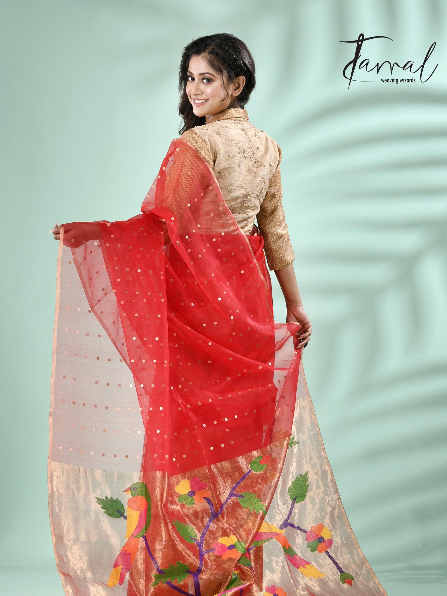 Red Parrot Organza silk paithani sequins saree - Tamal Boutique