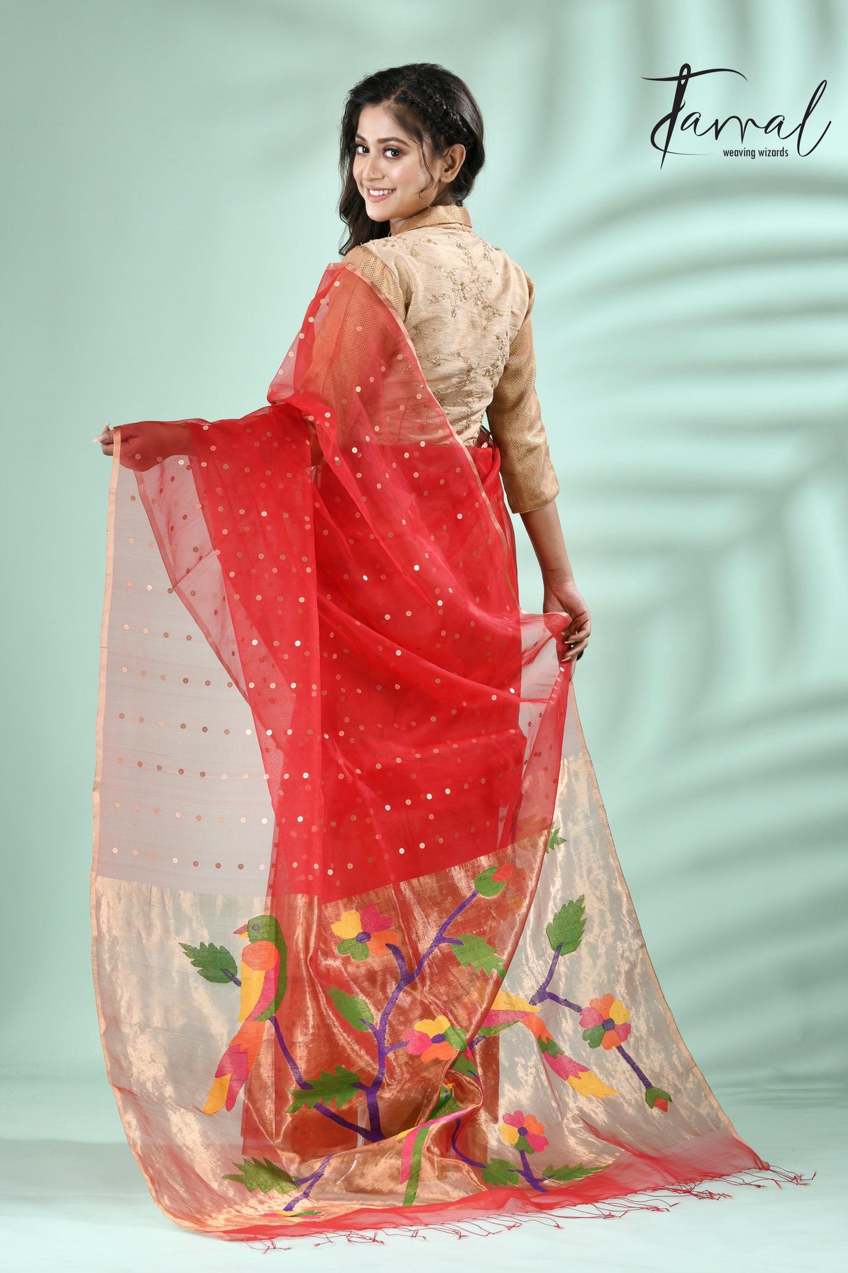 Red Parrot Organza silk paithani sequins saree - Tamal Boutique