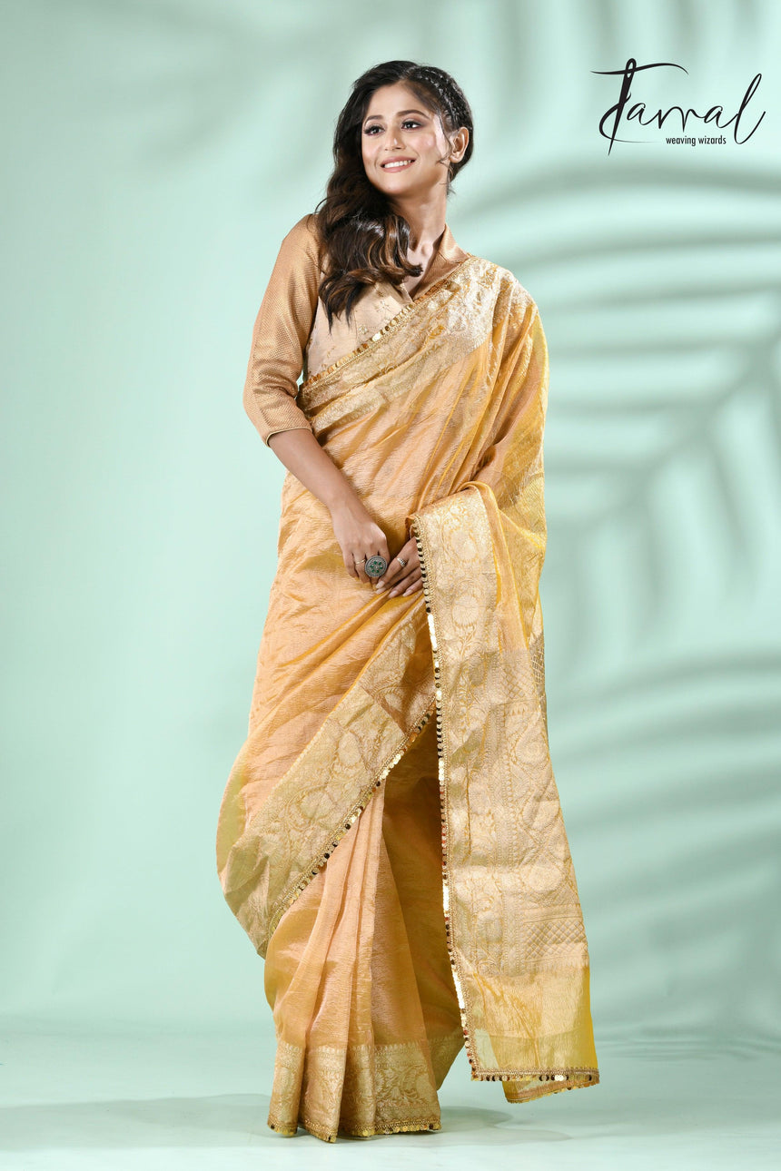 Golden yellow with sequins crape tissue silk Banarasi handloom saree - Tamal Boutique