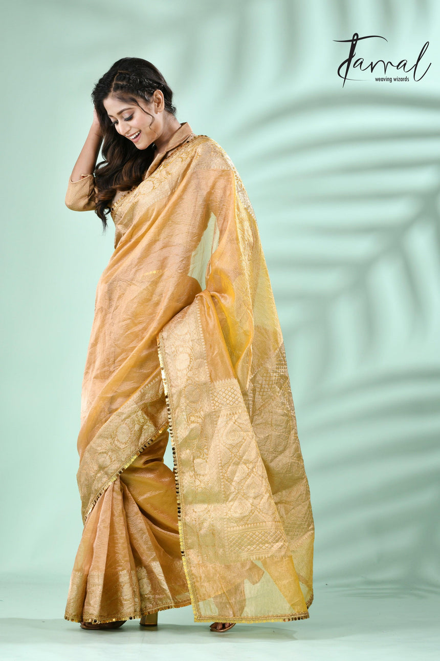 Golden yellow with sequins crape tissue silk Banarasi handloom saree - Tamal Boutique