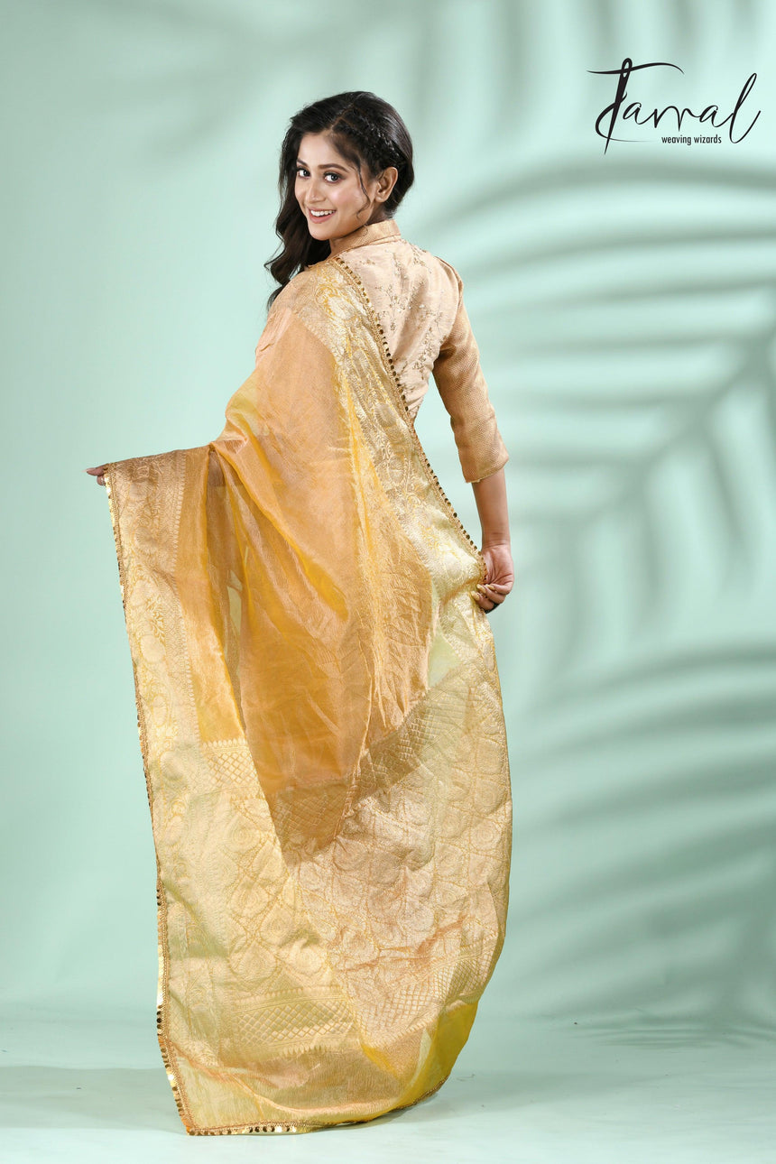 Golden yellow with sequins crape tissue silk Banarasi handloom saree - Tamal Boutique