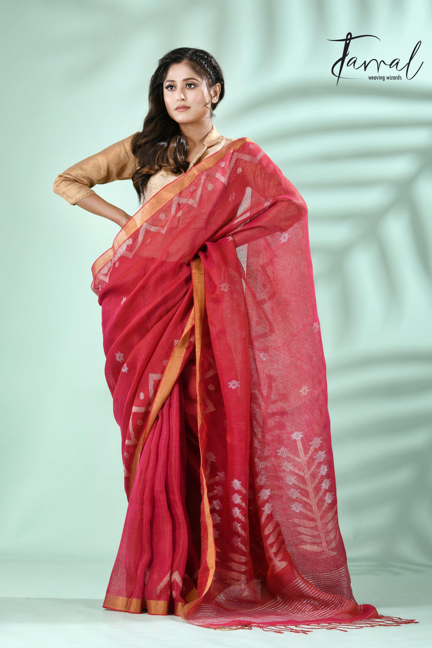 Strawberry with golden zari border tissue linen temple floral design handwoven jamdani saree - Tamal Boutique