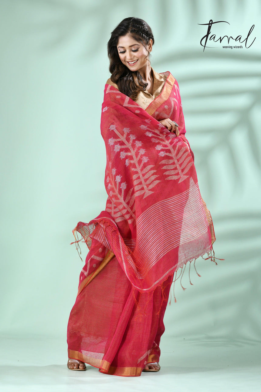 Strawberry with golden zari border tissue linen temple floral design handwoven jamdani saree - Tamal Boutique