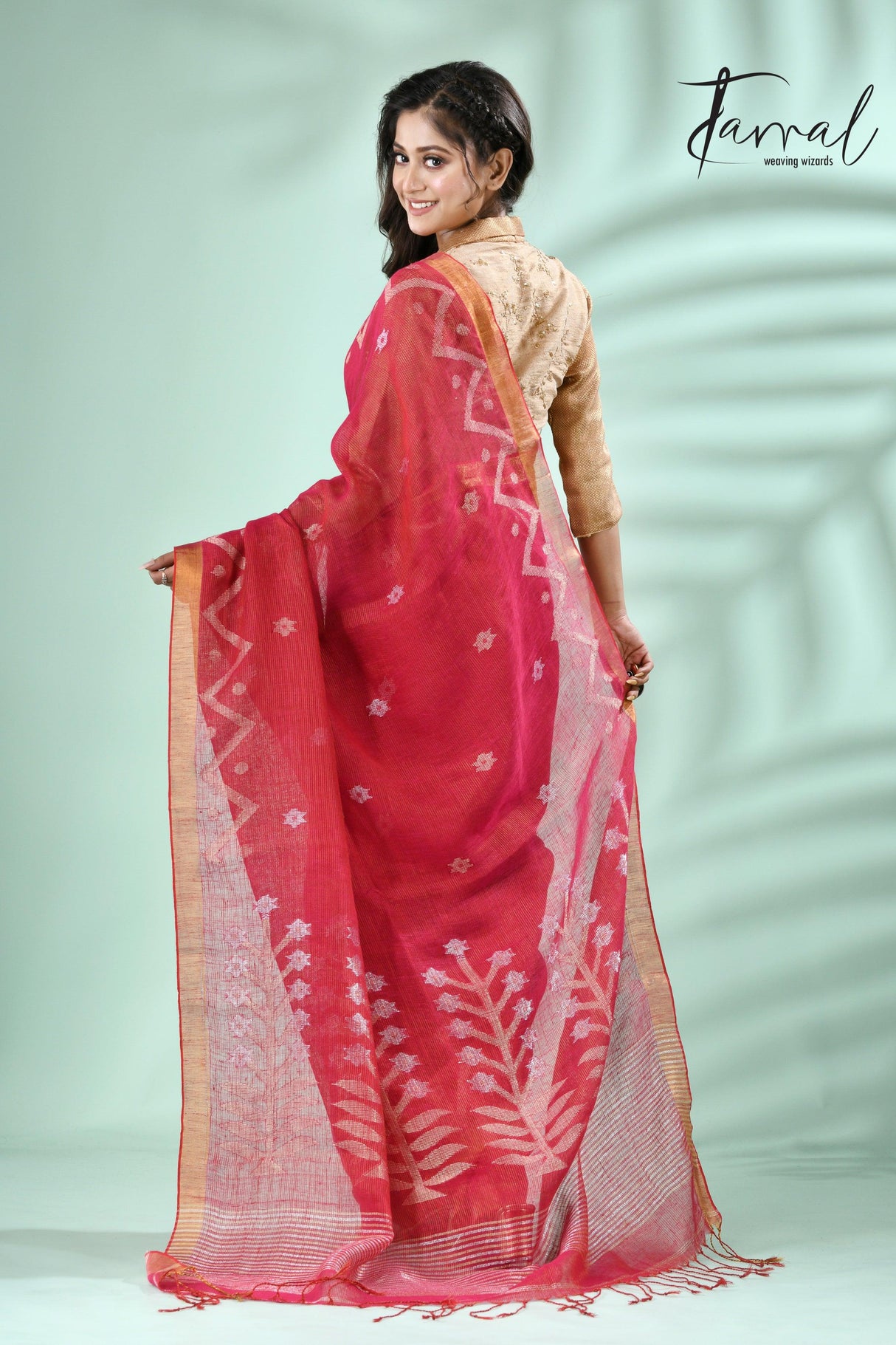 Strawberry with golden zari border tissue linen temple floral design handwoven jamdani saree - Tamal Boutique