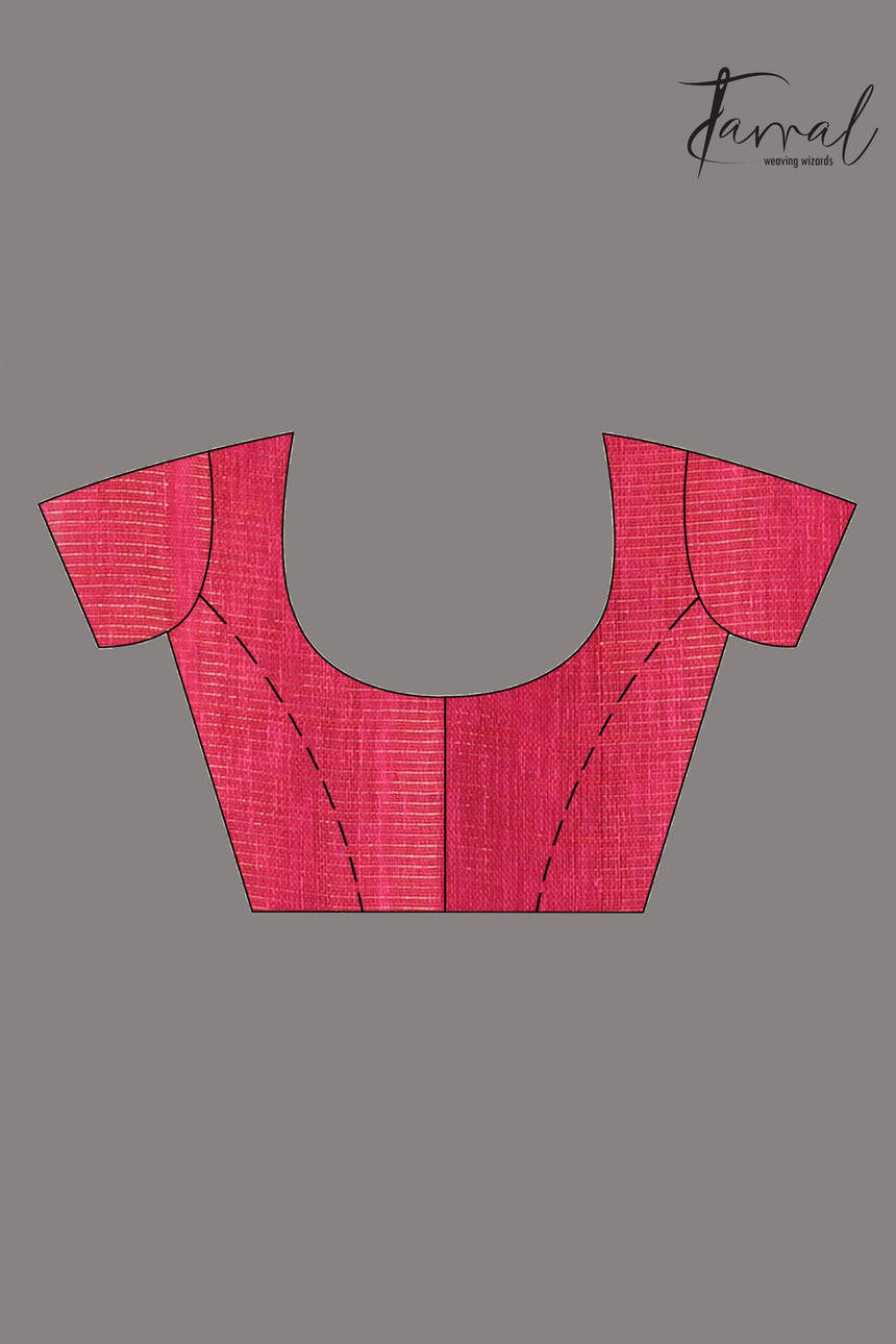 Strawberry with golden zari border tissue linen temple floral design handwoven jamdani saree - Tamal Boutique