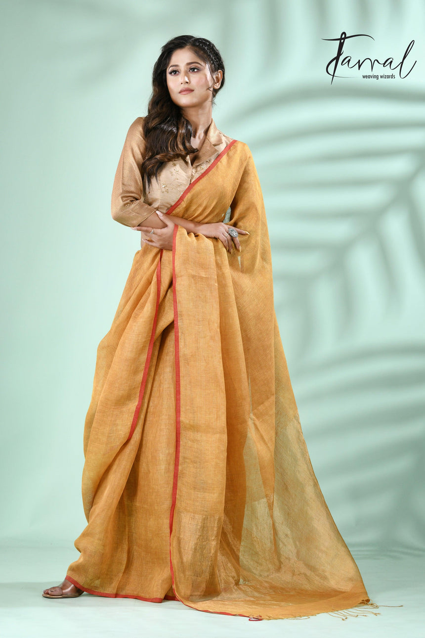 Yellow with red border zari linen handloom saree - Tamal Boutique