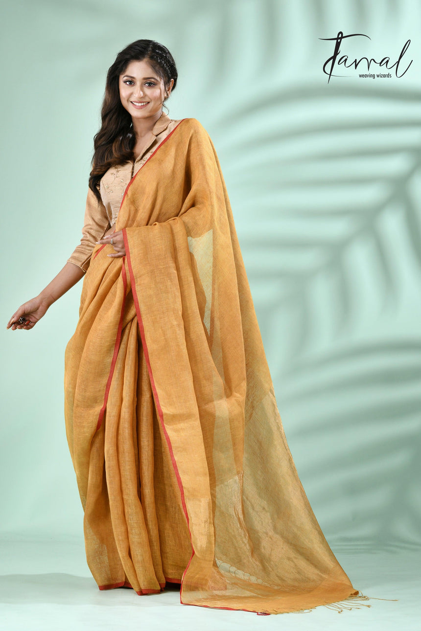 Yellow with red border zari linen handloom saree - Tamal Boutique